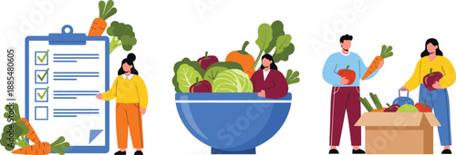 Healthy food planning concept with people choosing fresh vegetables grocery checklist and organic produce flat vector illustration