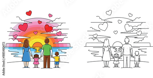 Happy family holding hands on beach at sunset with hearts, vector illustration with coloring page outline and colored version.