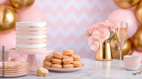 Pastel party scene featuring a pink striped cake, macarons, champagne, flowers, and balloon decor soft lights