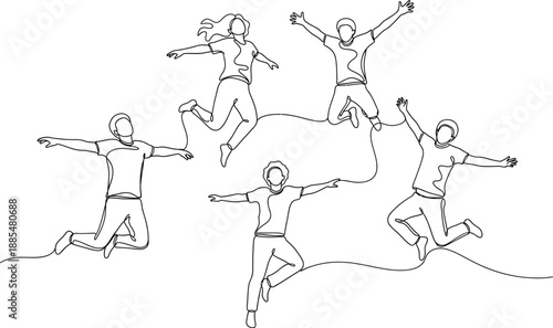 Joyful group of five people jumping in unison, captured in a dynamic continuous line drawing, celebrating freedom and happiness.