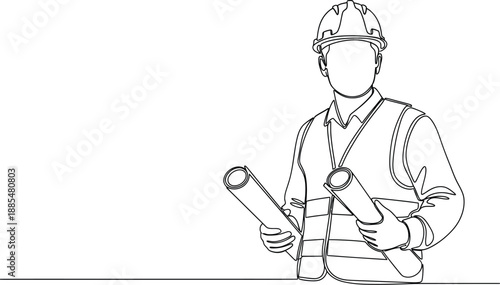 A builder in protective gear holding blueprints, captured in a clean single line drawing, symbolizing development and project execution.