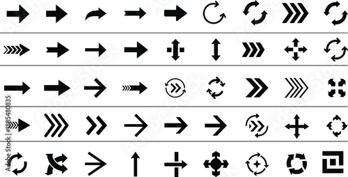 Grid of 50 Unique Arrow Icons Featuring Diverse Styles, Directions, and Line Weights for Interface, Infographic, and Design Use