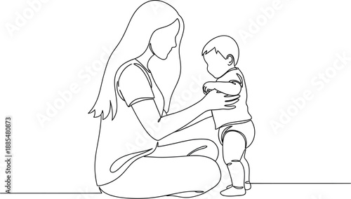 Continuous line drawing of a mother holding her baby's hands, showing love and support. Minimalist, clean, and heartwarming illustration.