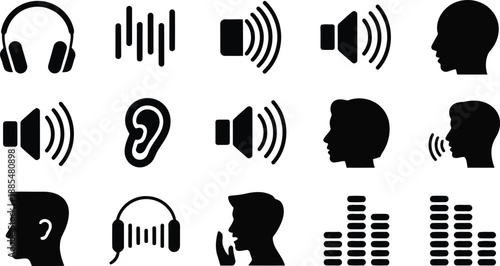 A comprehensive collection of black silhouette icons depicting sound, audio, and human hearing elements