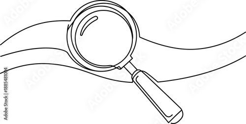 Abstract continuous line drawing of a magnifying glass examining wavy lines, suggesting search, analysis, and discovery. Modern, minimalist, and conceptual vector art.