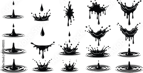 Stylized Black and White Liquid Droplet and Splash Illustrations Depicting Dynamic Water Impacts, Ripples, and Dripping Effects
