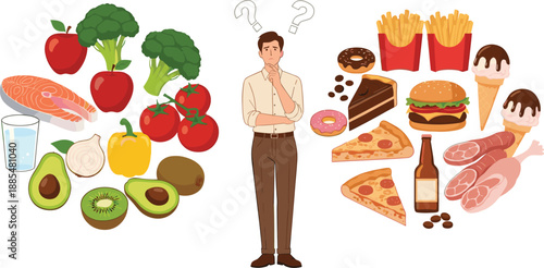 Man choosing between healthy food and unhealthy junk food with fruits vegetables and fast food flat vector