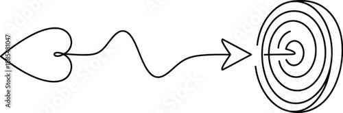 Minimalist single line illustration of a heart dart flying towards a target, representing focused goals, love, and achieving objectives. Simple vector art.