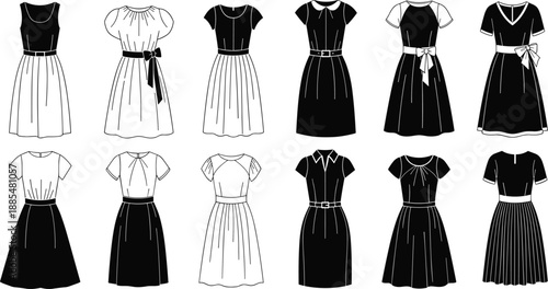 Twelve Distinct Dress Designs in Black and White Illustrating Fashion Styles, Silhouettes, Necklines, Sleeves, and Decorative Elements