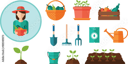 Home gardening icon set with woman plants tools pots and organic vegetables eco lifestyle flat vector illustration