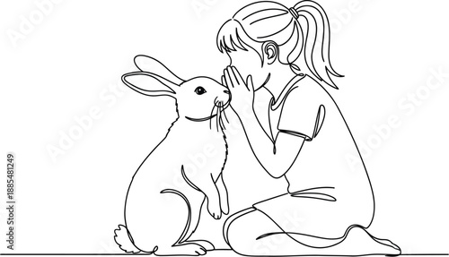Continuous line drawing of a young girl whispering a secret to a rabbit, sitting on the ground.