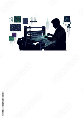 Smart Textile Weaving Silhouette, Person Crafting Fiber Optic Fabric, Future Fashion Technology and Wearable Electronics Vector