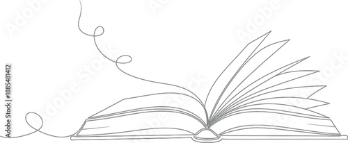 Open book with flowing lines, one continuous line drawing, representing imagination and knowledge.