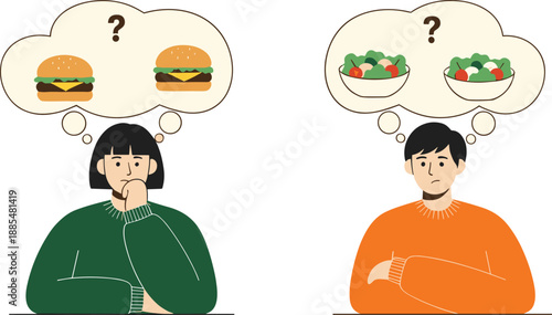 People thinking about food choices choosing between burgers and healthy salad meals flat vector illustration