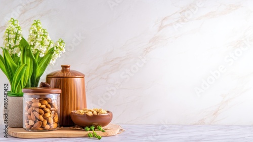 A clean marble kitchen backdrop with a wooden tray displaying almonds, copper canister, pot, and green plants