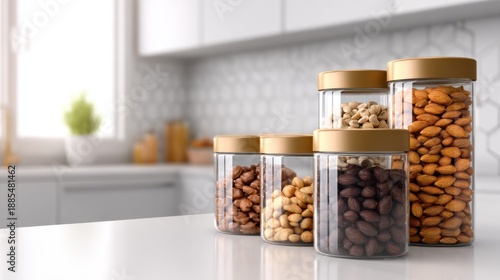Bright kitchen scene with glass jars of nuts on a white countertop under soft daylight, organized vibe today.
