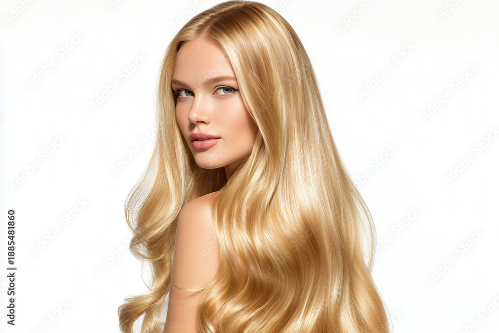 Naklejka premium Beautiful woman with wavy blonde hairstyle on a white background. Fashion portrait with healthy hair and fresh skin.