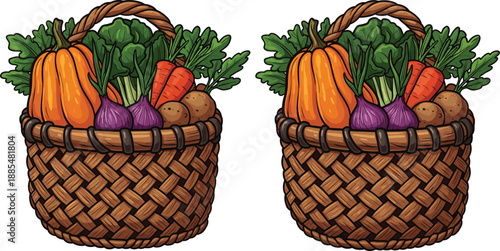 Wicker baskets filled with fresh vegetables pumpkin carrots and greens organic harvest flat vector illustration