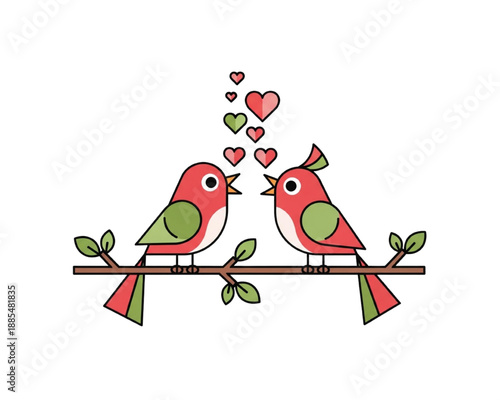 Two Cute Lovebirds Singing on Tree Branch Flat Vector. Romantic Couple with Hearts. Happy Valentine Day Concept. Red and Green Bird Illustration. Nature, Animal and Relationship Symbol Isolated.