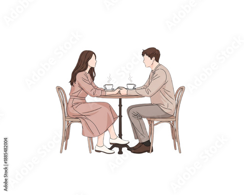 Romantic couple sitting at cafe table holding hands. Young man and woman drinking coffee on a date. Love, relationship, and Valentine's Day concept. Isolated flat vector illustration.