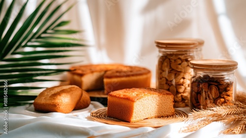 Warm still life with sliced bread, cookies, and glass jars of nuts on a white cloth beneath soft warm lighting