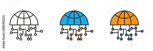 Global Network or Data Technology vector icon. Abstract global network connection icon with circuit technology lines representing digital communication and worldwide data exchange.