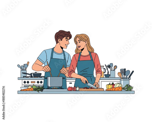 Happy couple cooking together in kitchen wearing aprons. Young man and woman preparing healthy food with vegetables. Romantic home date concept. Isolated flat vector illustration.