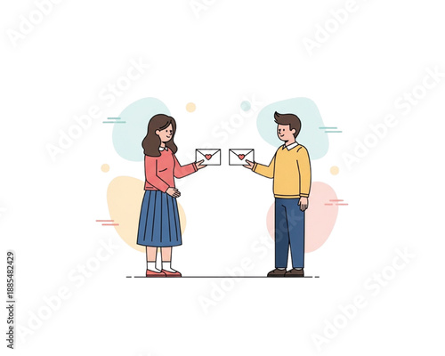 Cute Couple Exchanging Love Letters Envelopes with Heart Icons, Romantic Message Communication Concept, Minimal Flat Vector Illustration for Valentine Card Isolated