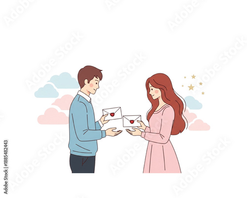 Romantic couple exchanging love letters with heart seals. Young man and woman holding envelopes. Flat vector illustration for Valentine's Day, relationship and dating concept. Dreamy sky background.