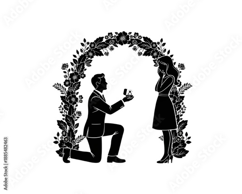 Marriage Proposal Silhouette Man Kneeling with Ring Box to Woman, Floral Arch Frame Background, Elegant Black and White Romantic Engagement Vector Illustration Isolated