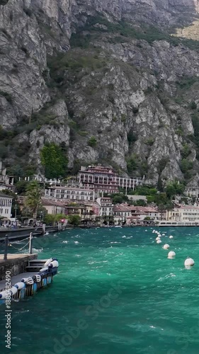 Panoramic view of Lake Garda and the town of Limone sul Garda, Italy. 