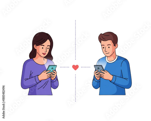 Long distance relationship concept. Young couple texting love messages on smartphones. Online dating and virtual romance using mobile app. Flat vector illustration of digital connection.