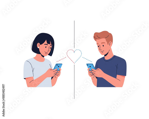 Online Dating Couple Chatting on Smartphones with Heart Icon Connection, Long Distance Relationship Social Media Message Concept, Cute Flat Vector Illustration Isolated