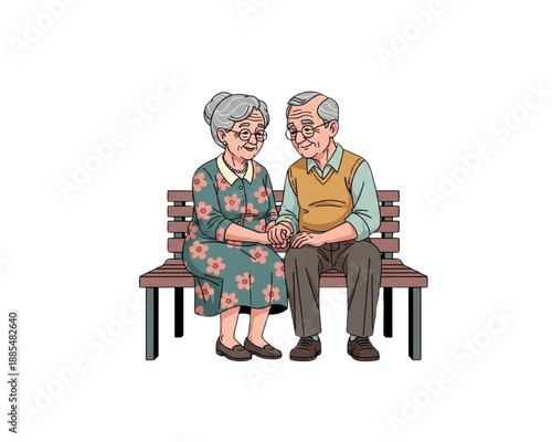 Elderly senior couple sitting on park bench holding hands. Happy husband and wife in retirement. Old people love and companionship concept. Flat vector illustration isolated on white background.