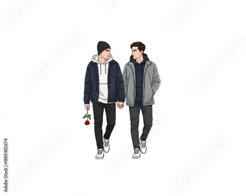 Gay Couple Walking Holding Hands. Young Men on Date with Rose. LGBTQ Romance and Love Concept. Flat Vector Illustration of Male Partners in Winter Streetwear Isolated on White Background.