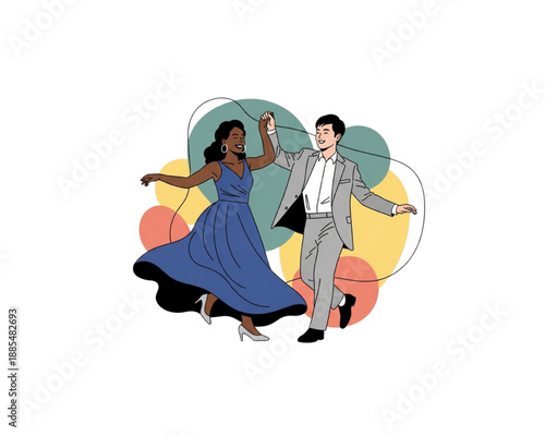 Happy Interracial Couple Dancing Flat Vector. Asian Man and Black Woman in Formal Wear. Romantic Swing Dance at Wedding Party. Diversity, Love and Celebration Concept.