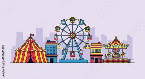 Amusement Park Scene with Ferris Wheel and Carousel.