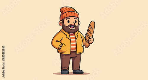 Cartoon Man Holding a Baguette Bread.