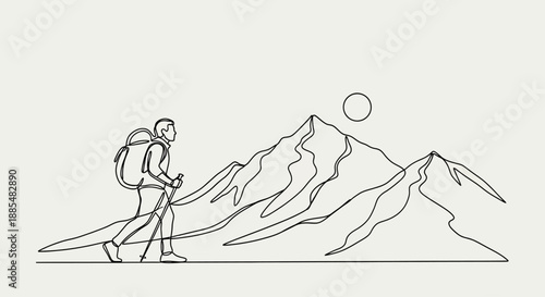 Hiker with Backpack Trekking Through Mountains.