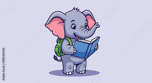 Cute cartoon baby elephant with backpack reading a book.