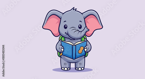 Cute cartoon elephant reading a book with a backpack Illustration.