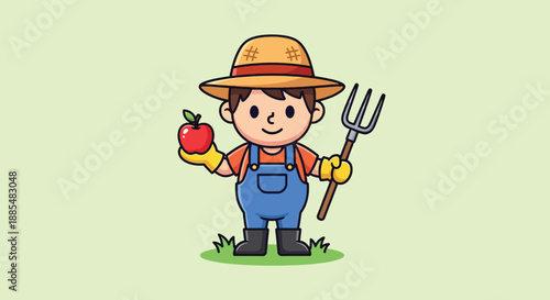 Cute Cartoon Farmer Holding Apple and Pitchfork Illustration.
