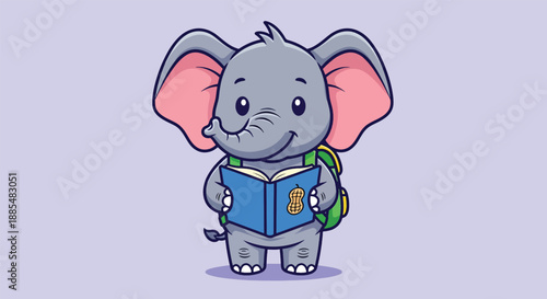 Cute cartoon elephant reading a book with a backpack.
