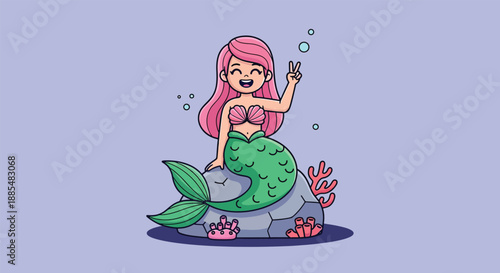 Cute cartoon mermaid sitting on a rock with a happy expression.
