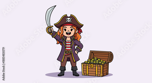 Cartoon Pirate Girl with Treasure Chest and Sword