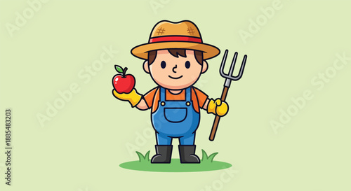 Cute Farmer Holding Apple and Pitchfork Illustration.