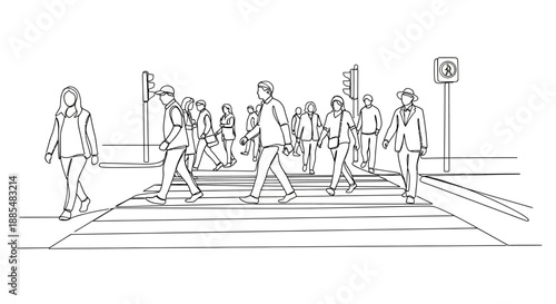 People Crossing Street at Crosswalk Illustration.