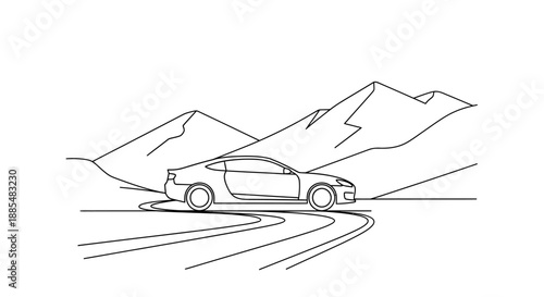 Simple Line Drawing of SUV on Road.