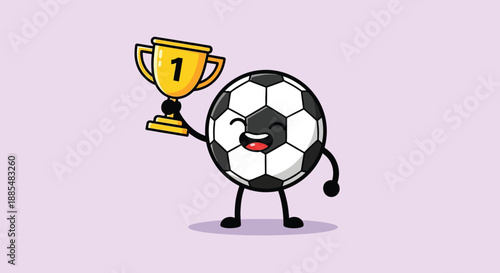 Cute Soccer Ball Character Holding a First Place Trophy Illustration 