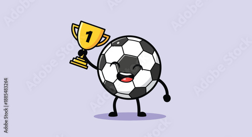 Cute Soccer Ball Character Holding a First Place Trophy.